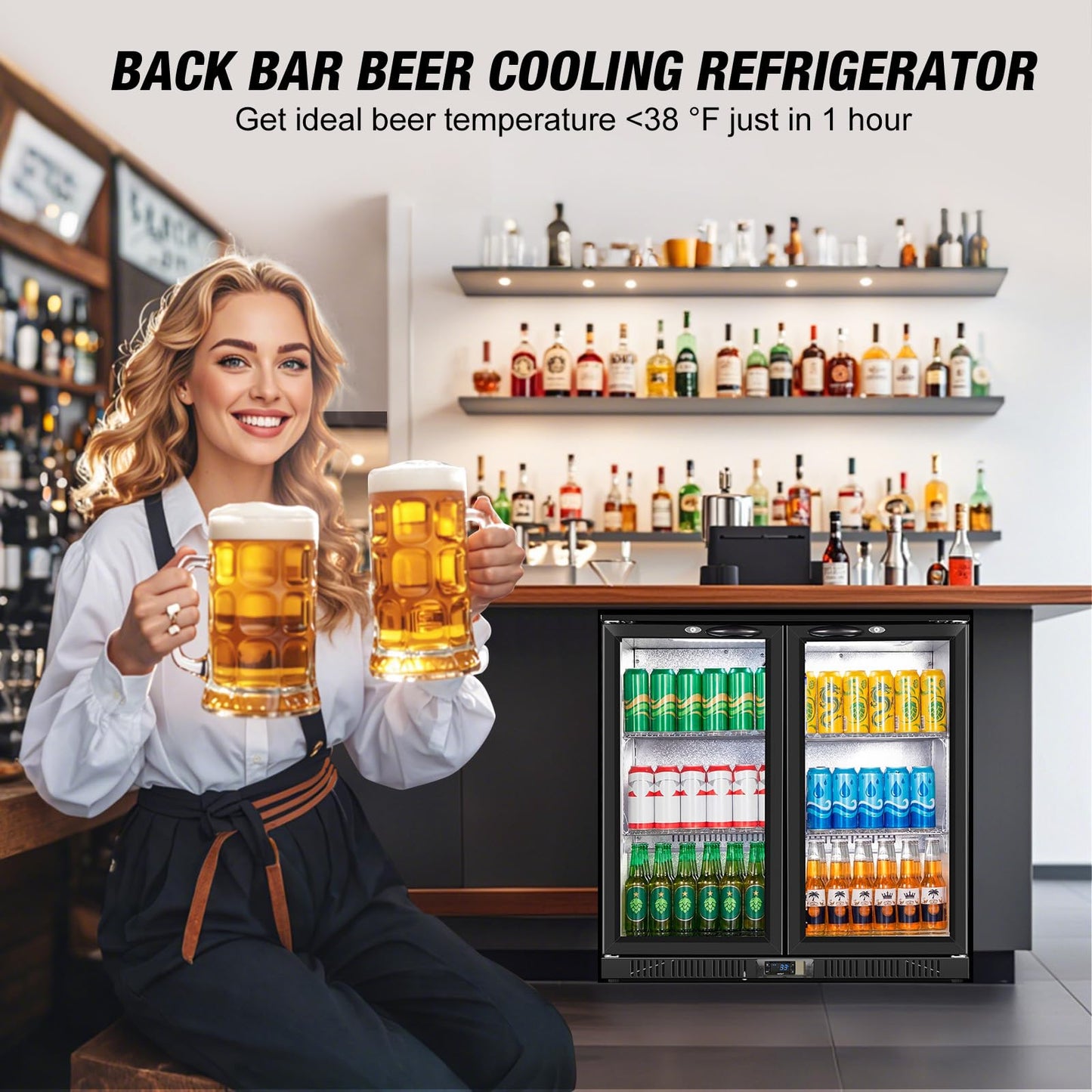 Beverage Refrigerator Under Counter, Back Bar Cooler with 2 Glass Door, Commercial Display Fridge 35.42 Inch Wide 7.4 Cu.Ft, Drink Fridge for Beer Soda Wine, Beverage Cooler for Kitchen Shop Bar