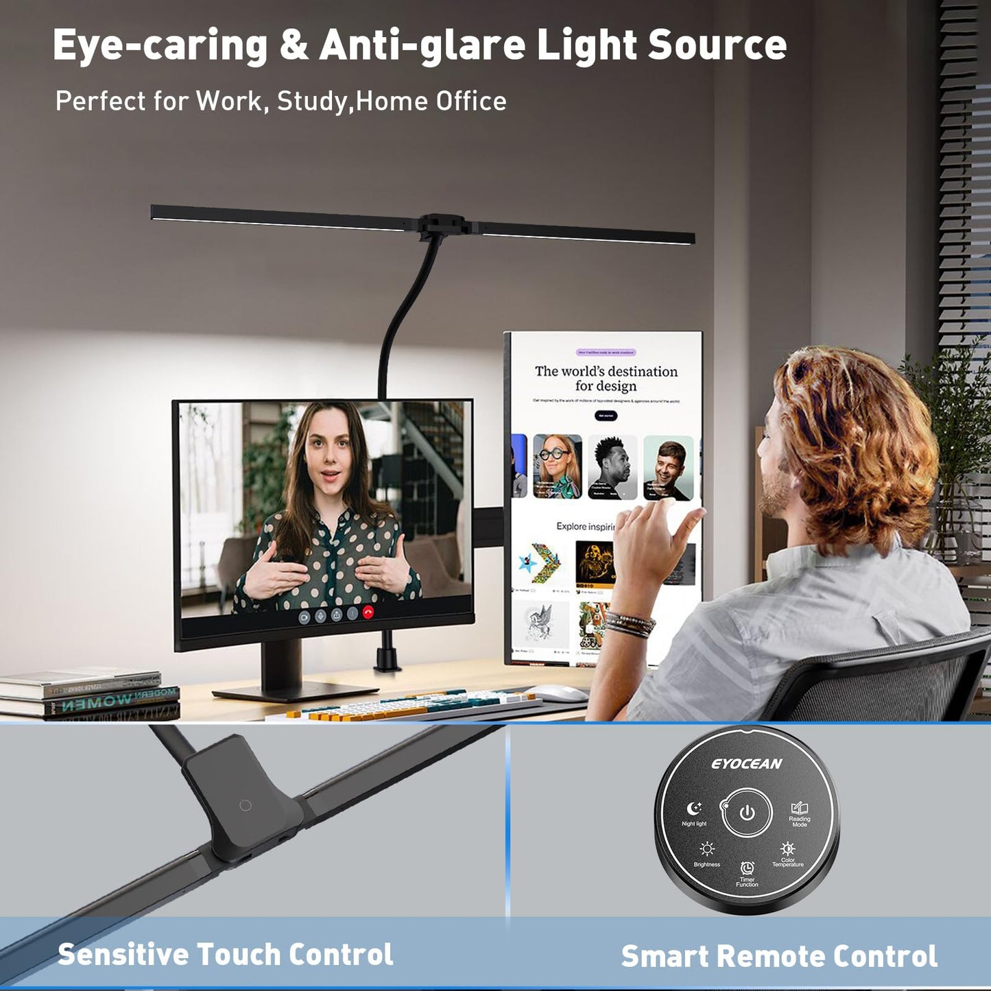 EYOCEAN Desk Lamp with Clamp, 31.5" LED Desk Lamp for Home Office, 24W Gesture Sensing Control Desk Light, Dimmable & Color Temperature, Eye-Caring Office Lamp, Brightest Architect Lamp for Screen