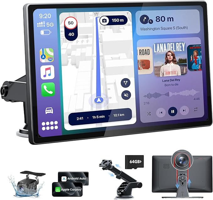 TECXERLLON 9.0'' Wireless Carplay Screen for Car with 4K Dash Cam & 1080P Backup Camera, Touchscreen Car Stereo with Carpl...