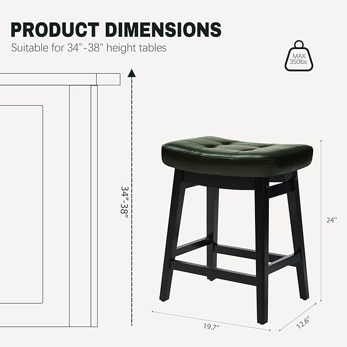 RNKSFX Counter Height Bar Stools Set of 3 for Kitchen Counter Farmhouse Modern Barstools with Faux Leather Upholstered Backless Seat and Solid Wood Legs 24 inch Bar Chairs, Green + Black