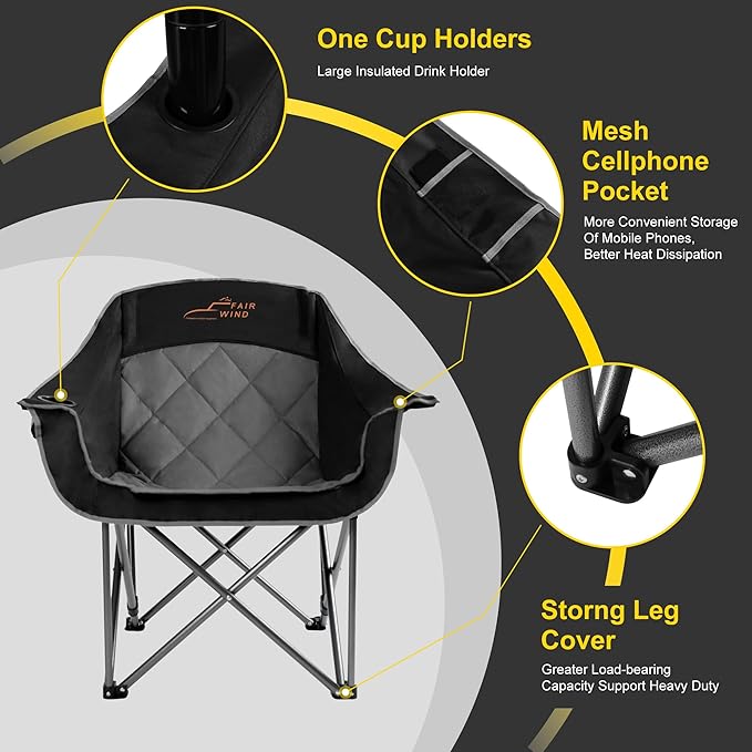 FAIR WIND Oversized Padded Camping Chair Heavy Duty Quad Fold Arm Chair Portable for Outdoor - Support 450LBS, Black