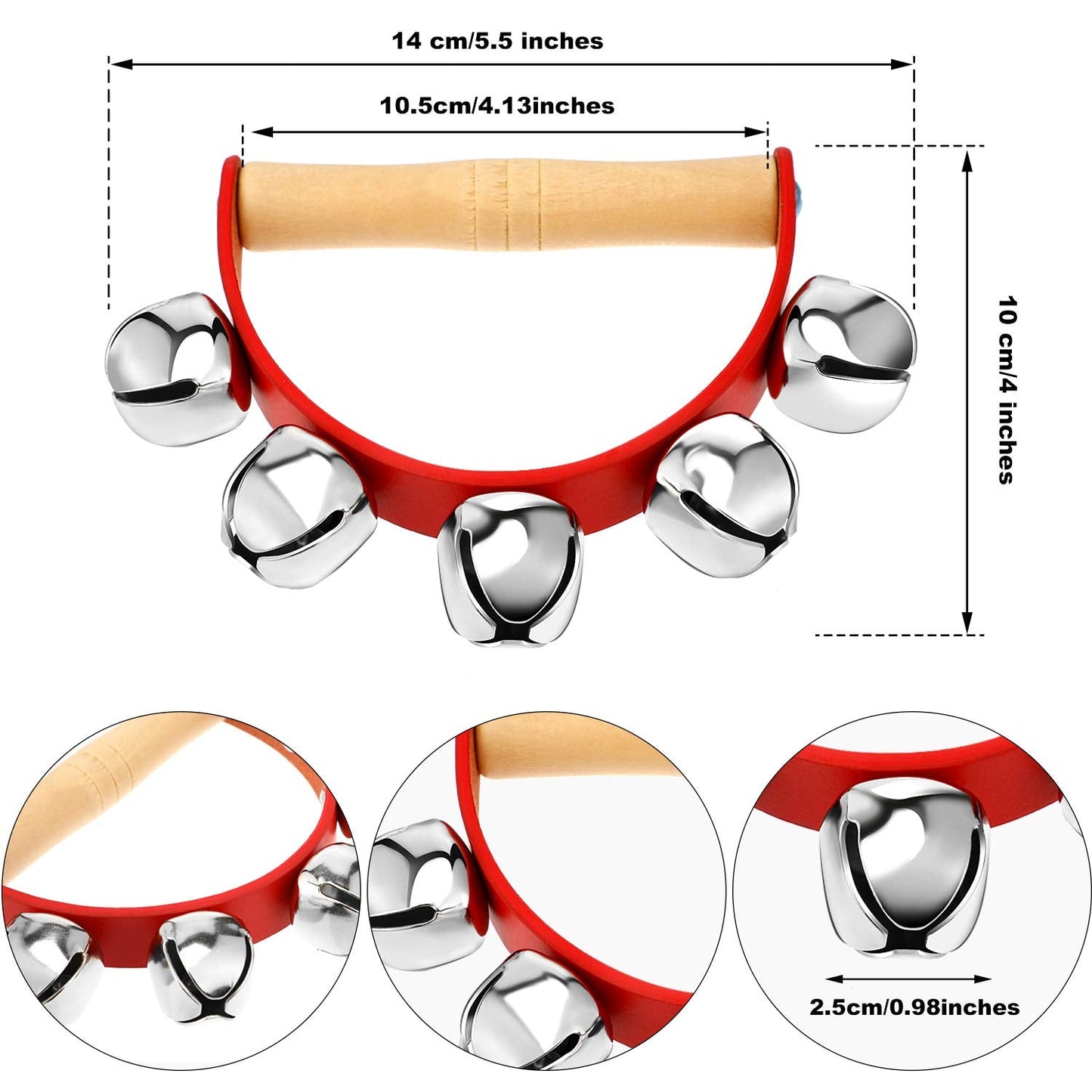 3 Pieces Red Christmas Sleigh Bells Jingle Gold Musical Instrument Wooden Handle Bells For Valentines(5 Bells)