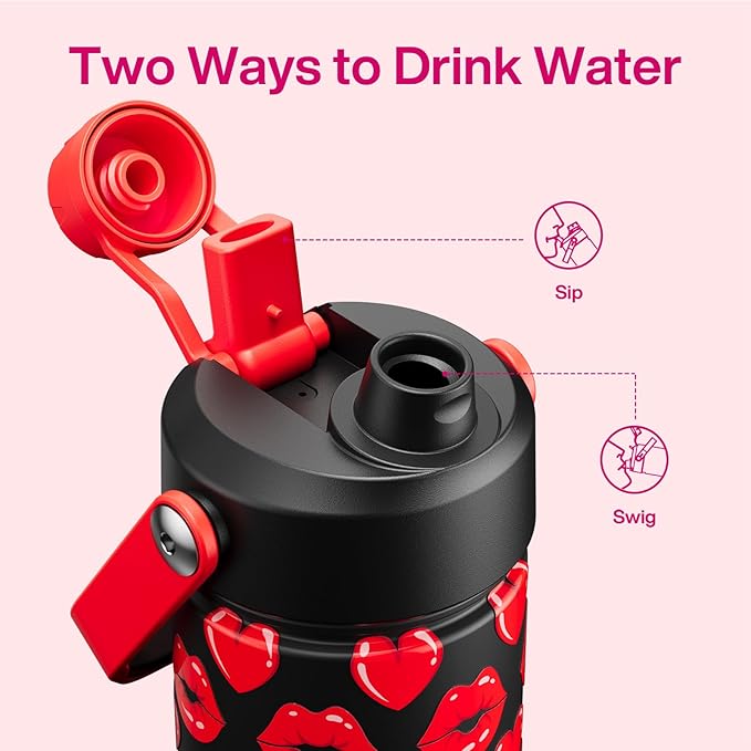 ENCOOL Valentine's Day Insulated Water Bottle with Straw Stainless Steel Water Bottle, Leak-Proof, BPA-Free, Keeps Cold for 24 Hours for Sports, Travel, School (26 oz, Kiss Hearts Red x Black)