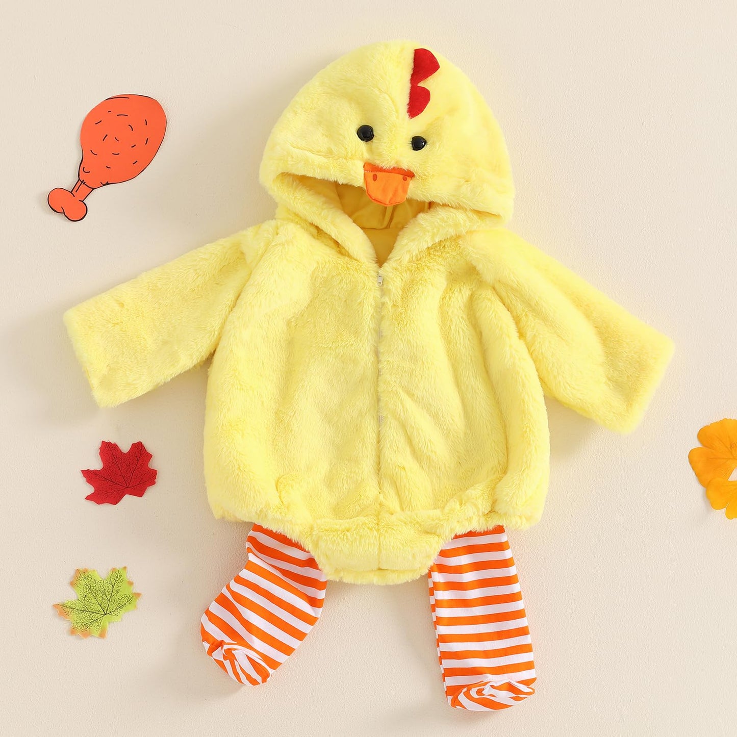 Twopumpkin Baby Chick Halloween Costumes Cute Infant Toddler Girl Boy Duck Costume Cape Sleeve Fuzzy Romper+Striped Leggings (Hooded Chicken 2pcs Yellow, 12-18 Months)