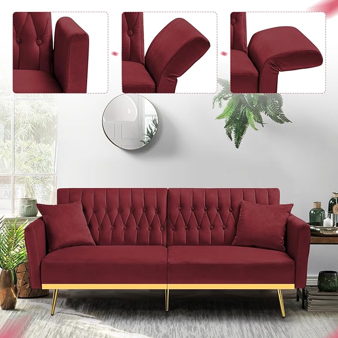 ACMEASE 70” Velvet Futon Sofa Bed with 2 Pillows and Adjustable Armrests, Convertible Sleeper Bed W/Adjustable Backrests, Modern Loveseat for Living Room, Bedroom, Red