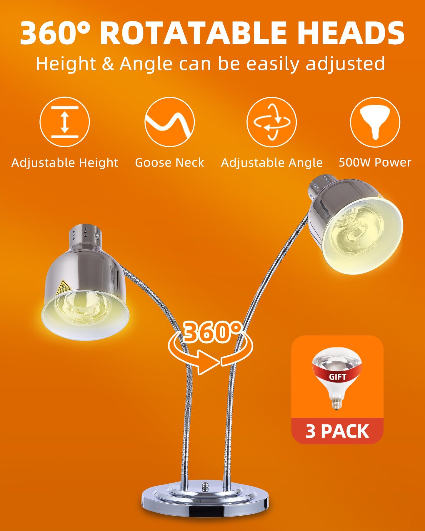 Food Heat Lamp: [Rapid-Heating Bulbs Included] [Steady Heating] Commercial Food Warmer Lamp, Electric Heat Lamp for Food Catering Food Warming Lamp for Buffet Parties (Polished Silver, 32" (2-Head))