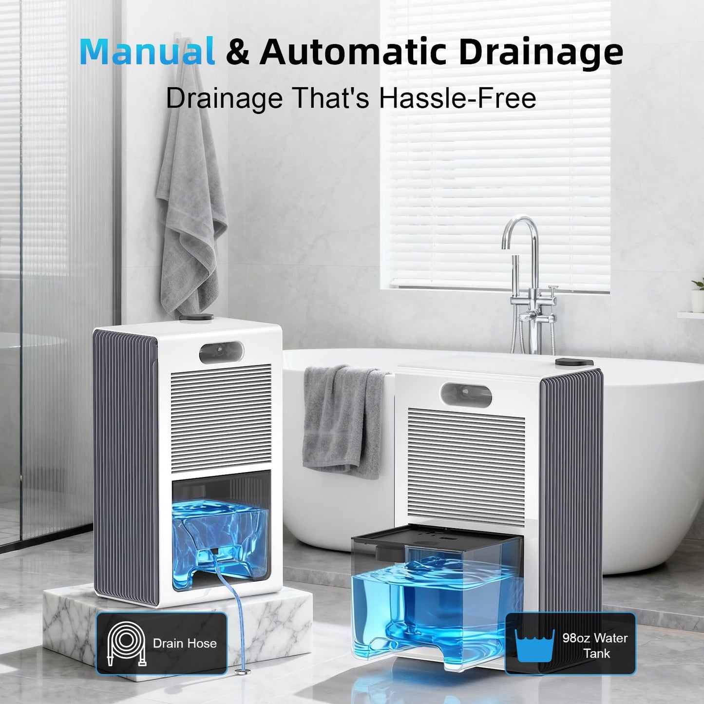 98 OZ Small Dehumidifier for Home 1000 Sq Ft, Quiet Dehumidifier with Drain Hose, Auto Shut-Off, Sleep Mode, 7-Color Light for Basement, Bedroom, Bathroom, Closet, RV (Sliver White)