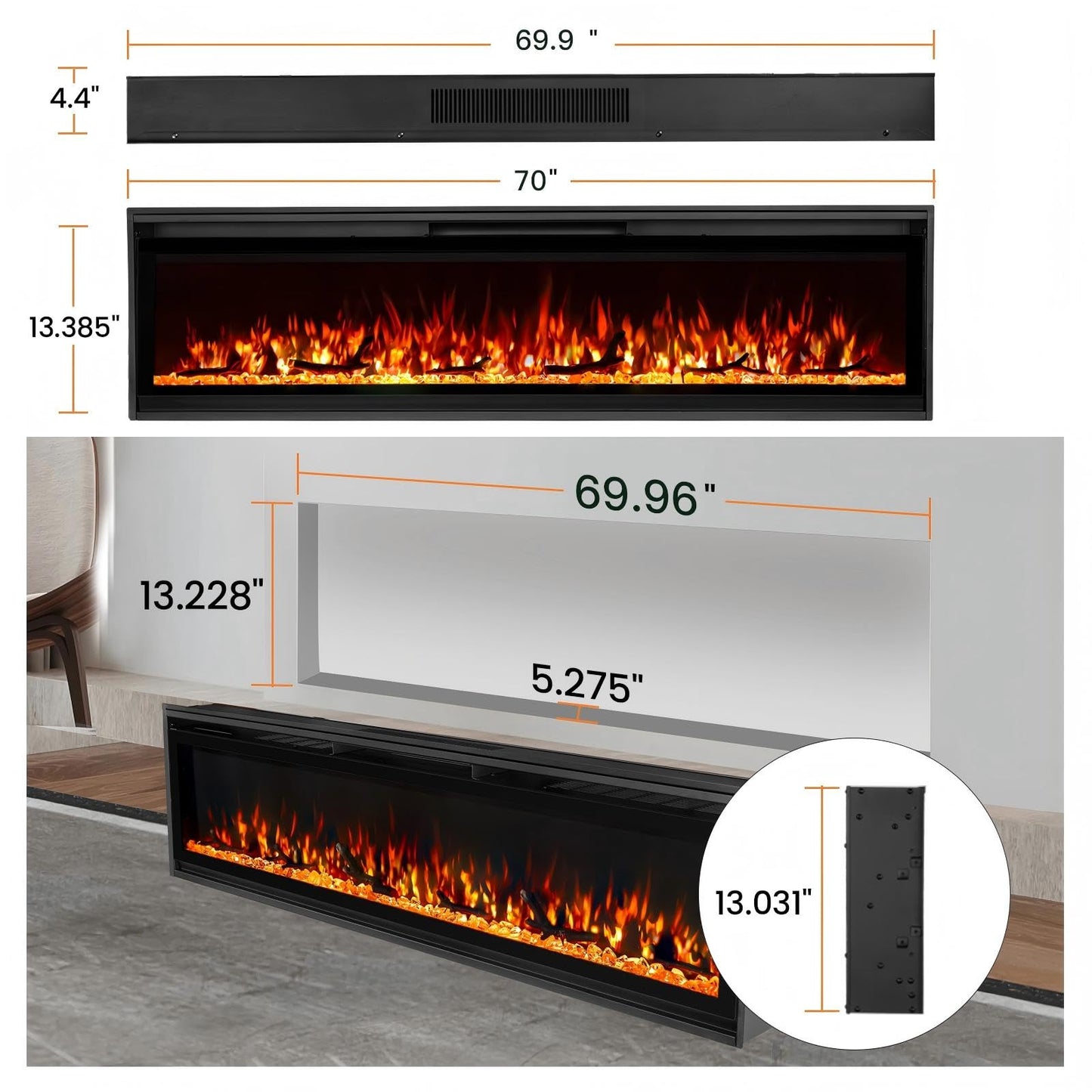 70 Inch Wall Fireplace Electric with Remote Control, Recessed and Wall Mounted Electric Fireplace, with Timer, Touch Screen, Adjustable Flame Color, 750-1500W, Log & Crystal Included