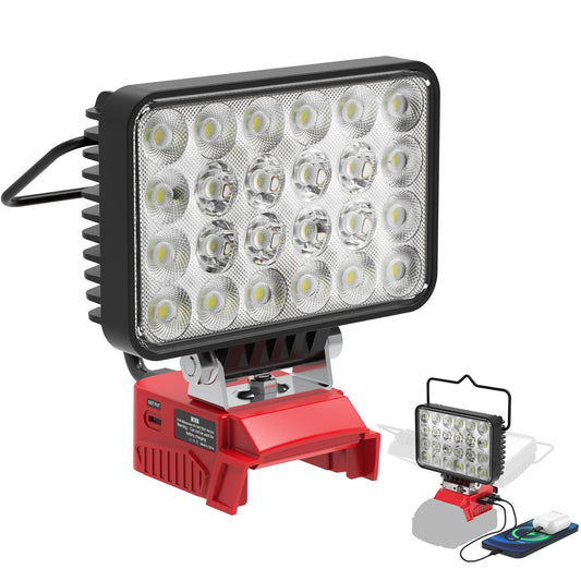 7200LM LED Work Light Compatible with Milwaukee 18V Battery, 72W Cordless Floodlight with 2 USB, 1 Type-C Port, Upgraded LED Light Low Voltage Protection Outdoor Lighting Adjustable 140°