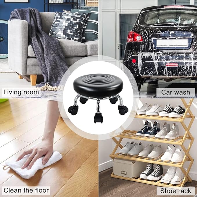 WKWKER Modern Roller Seat PU Leather Foot Stool Low Round Rolling Stool 360° Step Stool Swivel Small Seat with Universal Wheels for Home Office Garage Shop Fitness Sport H：8.4" （Black）