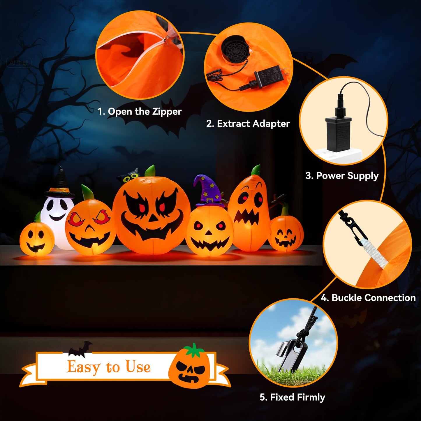 HUECLOR 9 FT Halloween Inflatables Pumpkin Outdoor Decorations with Cute Chost Cat and Witch Hat Built-in LEDs Blow Up Pumpkin for Party Yard Lawn Garden Outside Decor