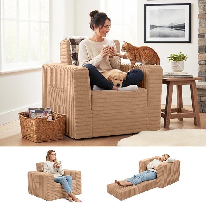 Welnow Folding Sofa Bed with Ottoman, Convertible 2-in-1 Boneless Couch Futon Lounge Chair Bed for Adults, Comfy Fold Out Sleeper Sofa for Small Spaces, Living Room, Bedroom, or Dorm, Khaki