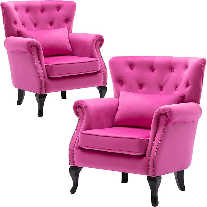 DM Furniture Set of 2 Mid-Century Modern Accent Chair, Velvet Armchair w/Tufted Back/Wood Legs, Upholstered Lounge Arm Chair Single Sofa for Living Room Bedroom, Rose Pink