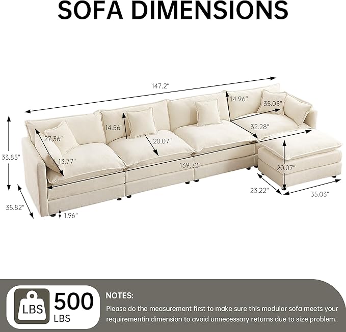 saows Modular Sectional Sofa, 147.2 Inch L Shaped Couch Set with Armrests, 4-Seater Comfy Cloud Couches with Movable Ottoman for Living Room Apartment, Beige