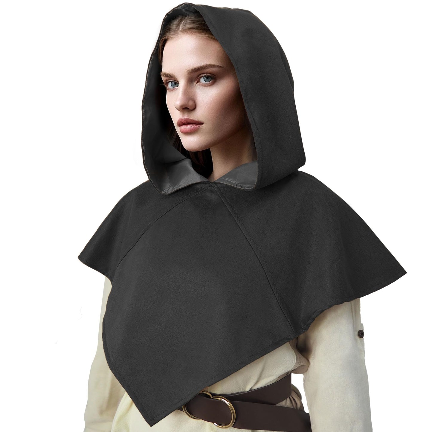 Retro Medieval Hooded Cape for Halloween Cosplay - Compact Renaissance Costume Accessory for Women & Men (Black)