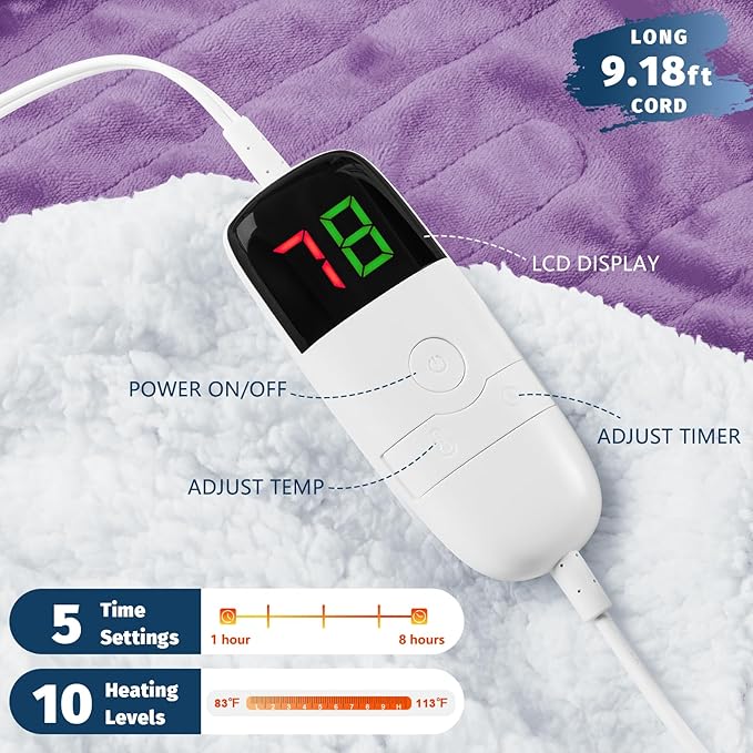 BOMOVA Heated Electric Blanket Full Size - 72" x 84" Heating Blanket with 10 Heating Levels & 8 Hours Auto Off, Warm Flannel Blanket, Christmas Birthday Gifts for Women