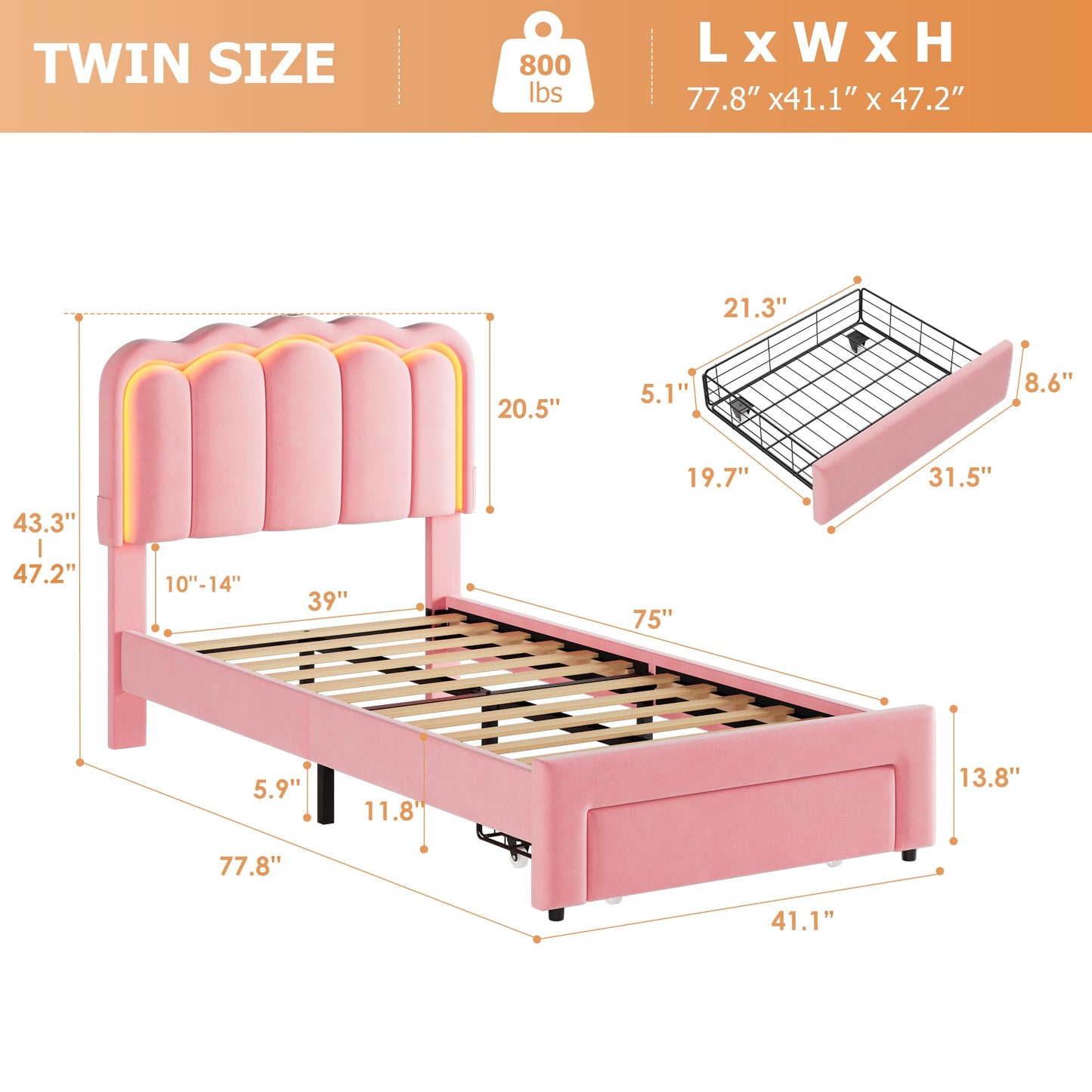 Twin Upholstered LED Bed Frame with Storage Drawer and Adjustable Chic Double Wavy Headboard, Velvet Princess Platform Bed for Girls/Kids, Solid Wood Slats Support, No Box Spring Needed, Pink
