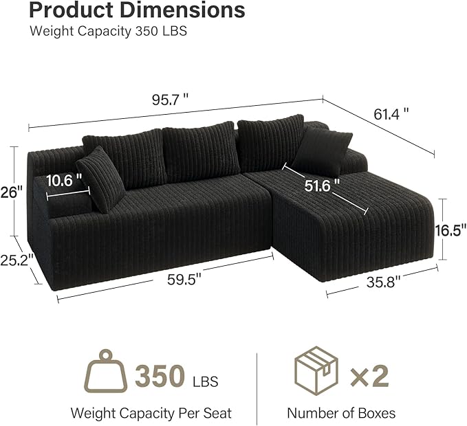 LAUSAINT HOME 96" Modular Sectional Sofa Couches, L-Shaped Boneless Cloud Sofa with 3 Deep Seat, 5 Cushiones Oversized Chaise for Living Room, Bedroom, Plush Corduroy Fabric (Right, Black)