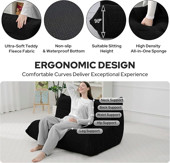 HABUTWAY Bean Bag Chairs Fireside Lazy Floor Sofa, Soft Teddy Fleece 2 Seater Sofa with High-Resilience Foam Filling，Beanbag for Living Room, Bedroom, Office (Black Teddy)