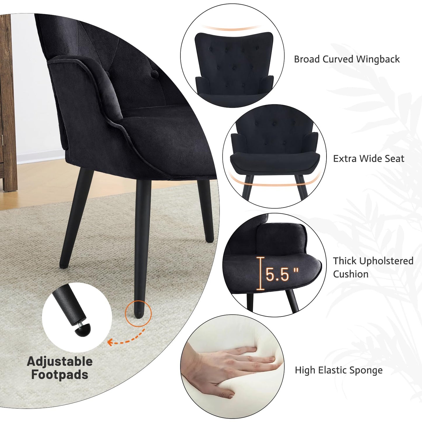 Furniliving Velvet Accent Chair for Living Room, Upholstered Reading Chair with High Backrest, Tufted-Button Wingback Armchair for Bedroom, Dressing Room, Home Office, Black, Set of 2