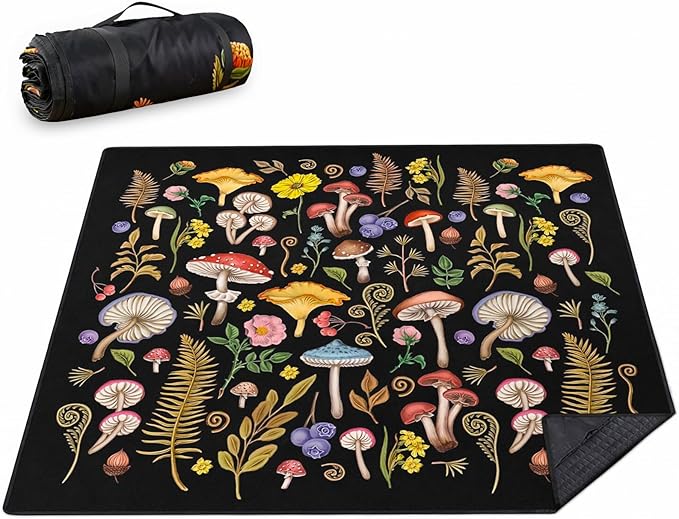 Mushroom Picnic Blankets Waterproof Foldable Picnic Outdoor Blanket 80"x 80" Picnic Mat 3-Layer Thicking Outdoor Foldable ...