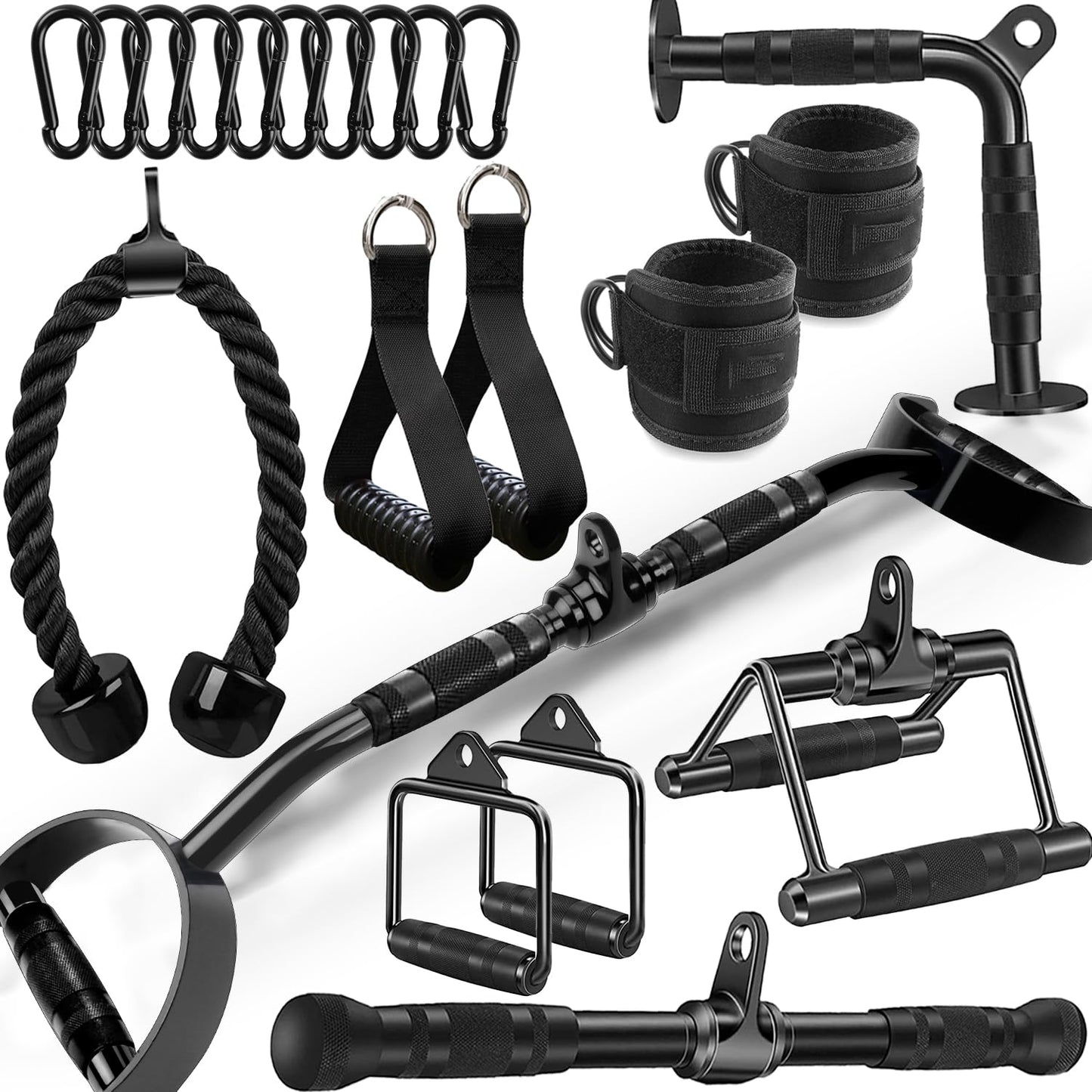 WNOEY 21 PCS Cable Attachments for Gym Set with Wide Grip LAT Pull Down Bar, LAT Pulldown Attachments, Cable Machine Attachment, Tricep Pull Down Attachment, Home Gym Accessories, Black