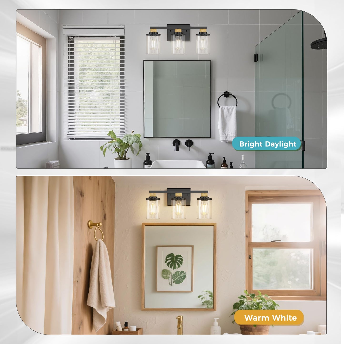 DORESshop 17 Inch Bathroom Light Fixtures, 3-Light Black & Rope Bathroom Lighting Fixtures Over Mirror with Clear Glass Shade, Vanity Lights for Living Room Bedroom