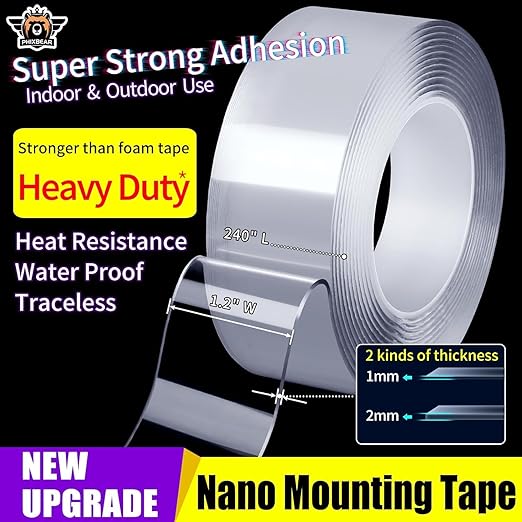 Extra Large 1" x 200" Double Sided Tape，Clear & Tough Heavy Duty Nano Mounting Tape