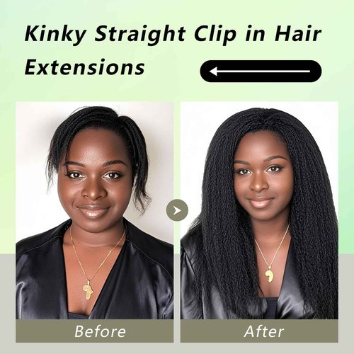 Yaki Straight Human Hair Clip in Extensions 100% Unprocessed Brazilian Virgin Hair Clip Ins Kinky Straight Hair Clip ins Natural Black 8pcs with 18 Clips 120g Per Set (22 Inch)