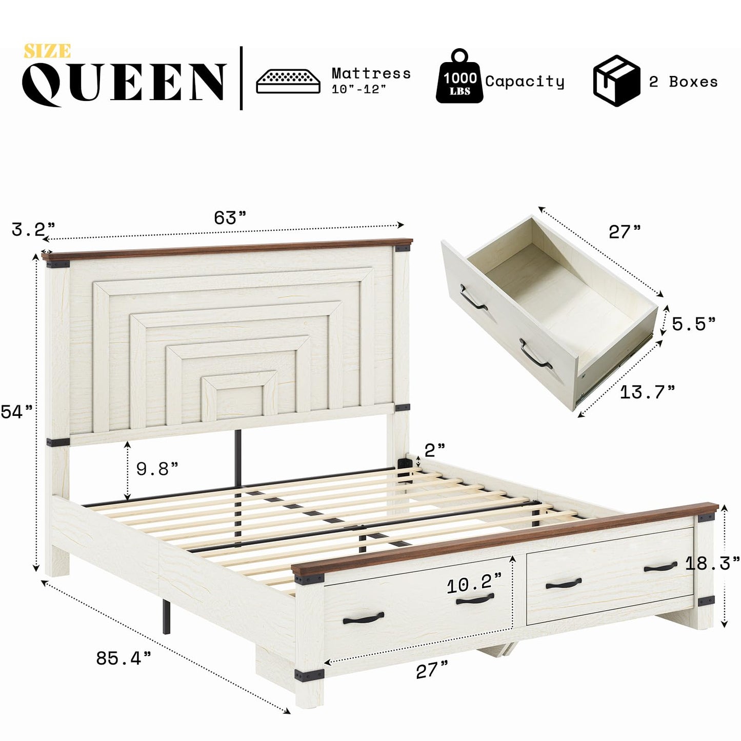 AMERLIFE 2 Pieces Farmhouse Bedroom Set, Includes Wood Rustic Queen Size Bed Frame with 54" Tall Headboard, 48" Tall 5 Drawers Dresser Chest, Heavy Duty Thick Plank Styling, Antique White