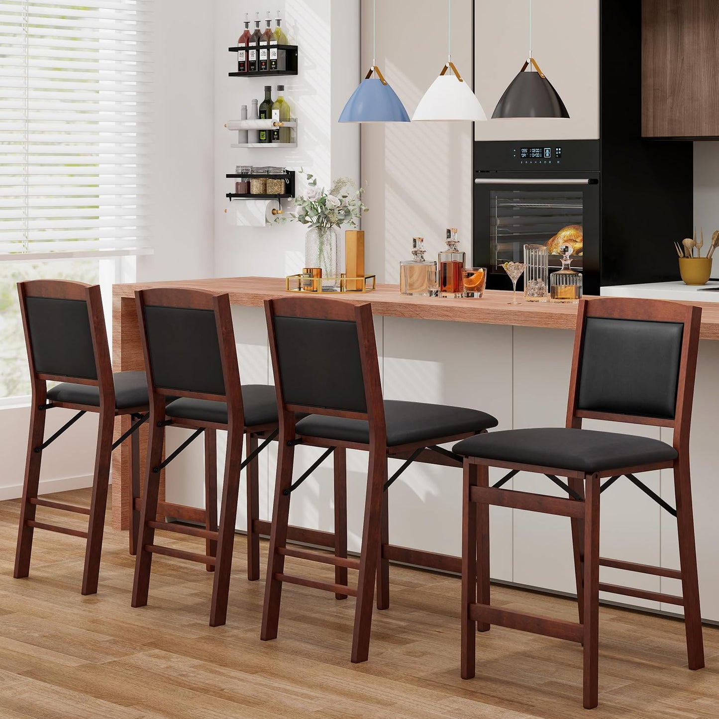 Giantex Folding Counter Height Bar Stools Set of 2, 24.5" Farmhouse Barstools w/Padded Back & Seat, Footrest, Rubber Wood Legs, No Assembly Needed, Upholstered Bar Dining Chairs for Kitchen Island