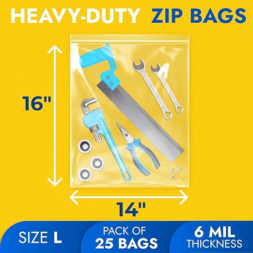 14" x 16" Large Zip Seal Lock Bags, 6 Mil (Pack of 25) – Heavy-Duty Reclosable Plastic Bags – Clear, Resealable, Waterproof – For Storing and Organizing Clothes, Jewelry, and Travel Items