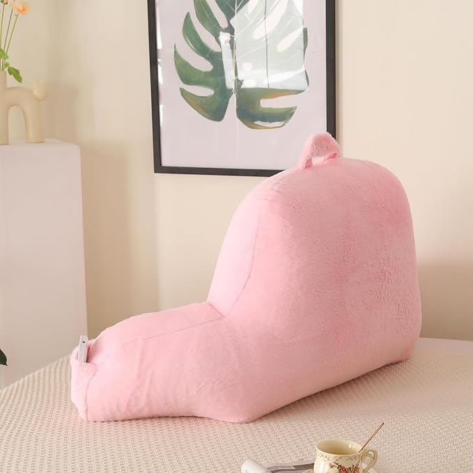 PAJEO Reading Pillow for Sitting in Bed, Large Backrest Reading Pillow with Arm Rest,Back-Rest Support Cushion for Sit Up on Couch, Sofa, and Floor, Dorm Essentials (Pink Faux Fur, Large(19"))