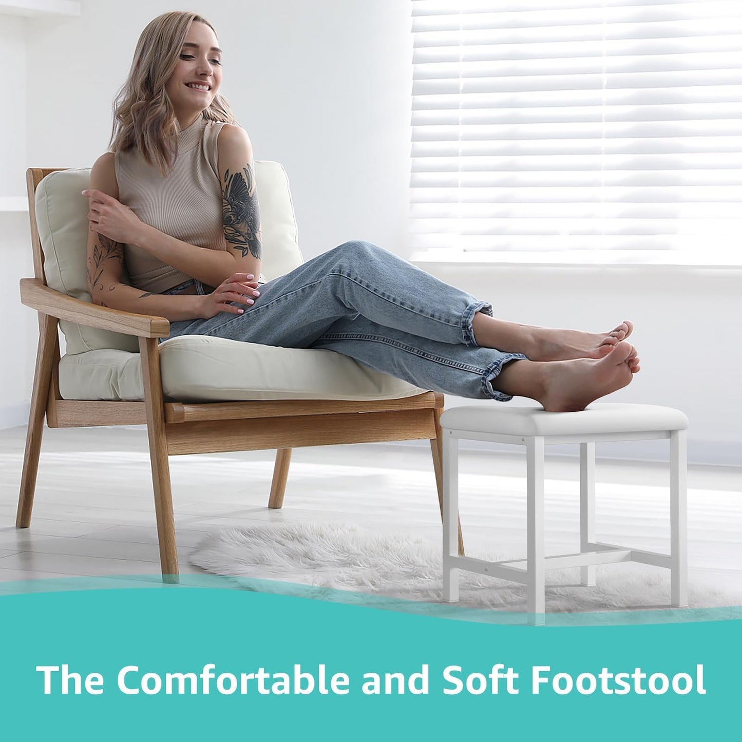 KAI-ROAD Small Vanity Stool, Cute Vanity Stools with Cushion, White Makeup Vanity Chair for Small Spaces, Living Room, Bedroom, Bathroom, Entryway, Ottoman Foot Rest for Couch Sillas Modern