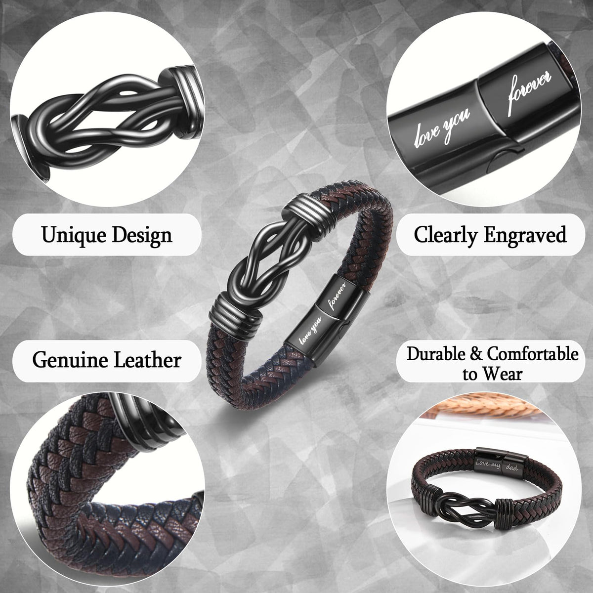 WIKHIA Gifts for Brother from Brother Sister, Cool Infinity Leather Bracelet Christmas Birthday Jewelry Present Ideas for Men