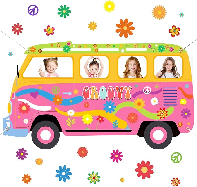 Large Hippie Bus Shaped Photo Prop 60s 70s Party Decorations Fabric Retro Van Prop Banner Hippie Bus Photo Prop Hippie Sel...