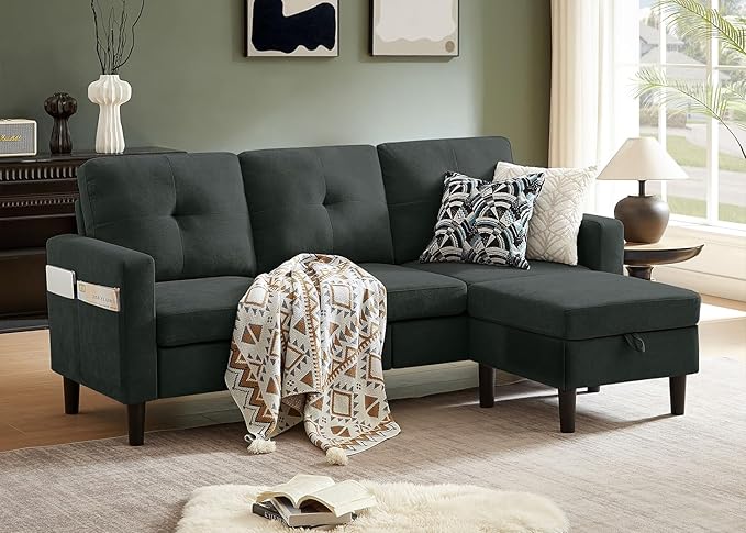 Pingliang Home Sectional Sofa Couches for Living Room, Modular 3 Seats Sectional Sofas L Shaped Couch with Storage and Reversible Chaise, Linen Fabric, 79" (Black)