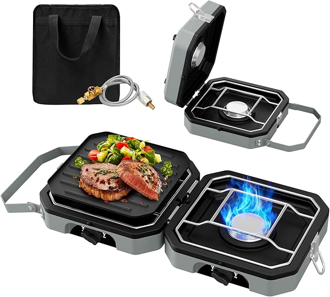 Camping Stove Portable Propane Camp Stove with Independently Adjustable Heat & 2 Burners, Foldable Gas Stove with Carry Ba...