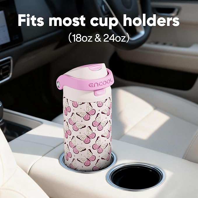 ENCOOL Leakproof Insulated Water Bottle with Straw Dual-Sip Water Bottle Bag-Safe Design for Work, Commute & Gym – Keeps Drinks Cold All Day, 24 oz, Blush Butterfly