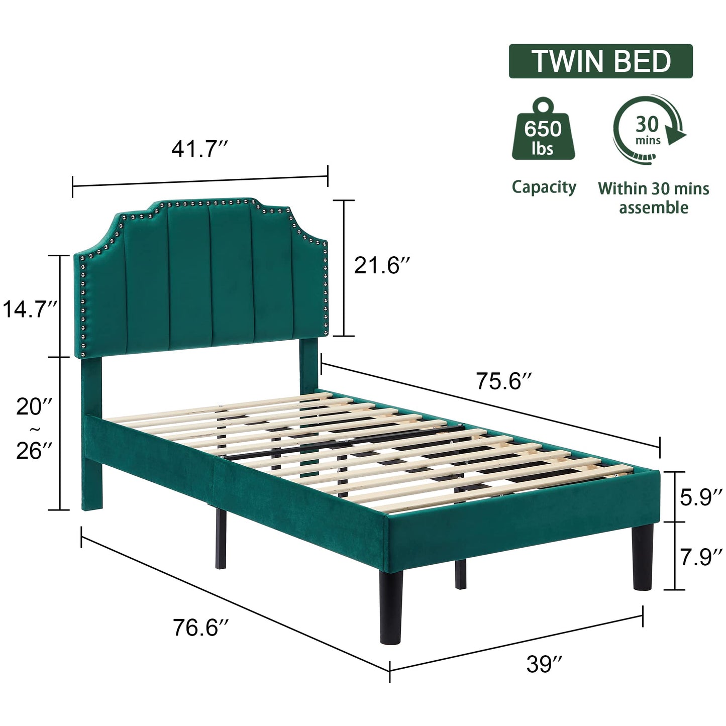 VECELO Twin Upholstered Platform Bed Frame with Tufted Adjustable Headboard/Mattress Foundation/Wood Slat Support,Easy Assembly,Dark Green