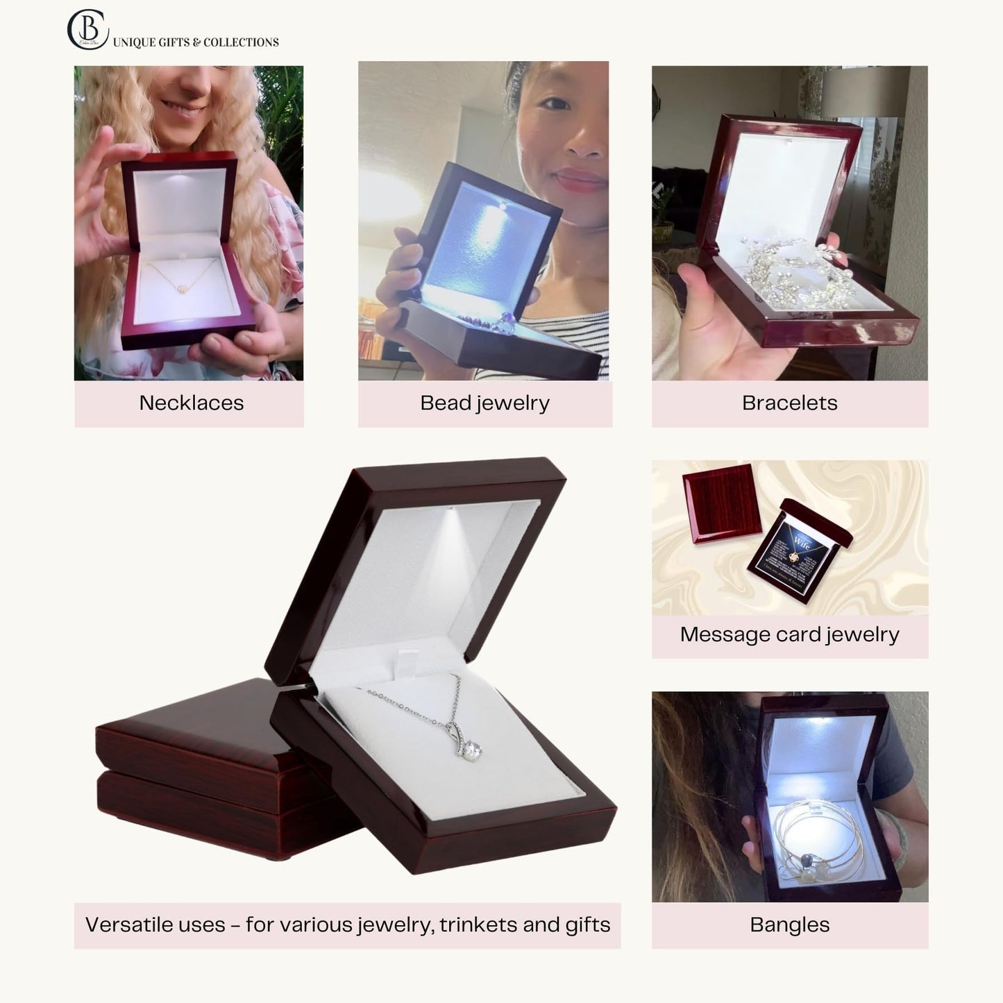 Necklace Box with LED Light – Small Jewelry Display Case for Bracelet, Earrings, or Chains – Luxury Lighted Wooden Presentation Box for Gifts, DIY Crafts (Mahogany Cream Interior, 4 X 4 Inch)