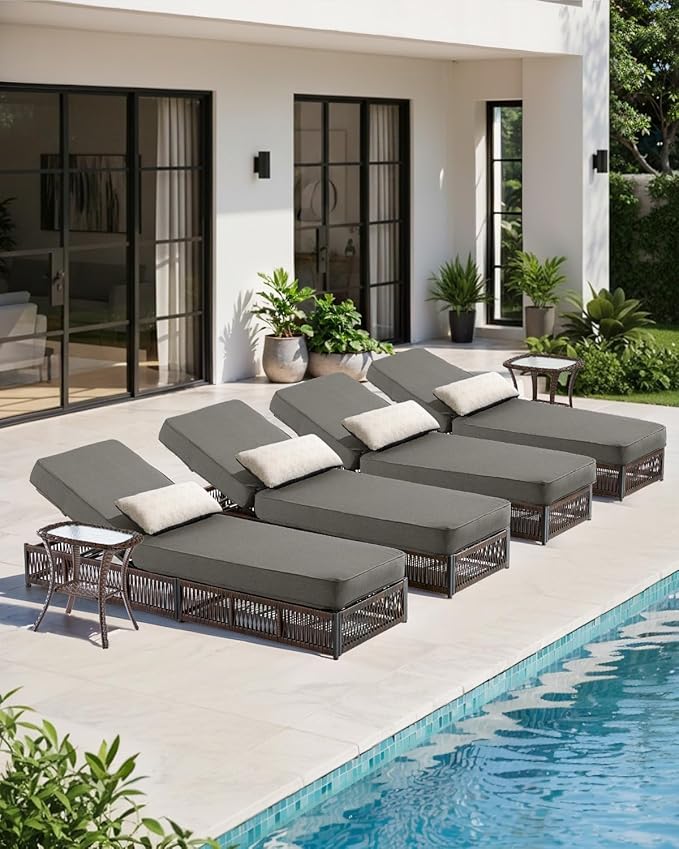 ACTREST Luxury Outdoor Chaise Lounge Chairs of 4 with 5 Inch Thick Cushions and Side Table - 6 PCS High Back Brown Wicker Rattan Patio Recliners Lounger Furniture Set for Poolside Sunbathing - Grey