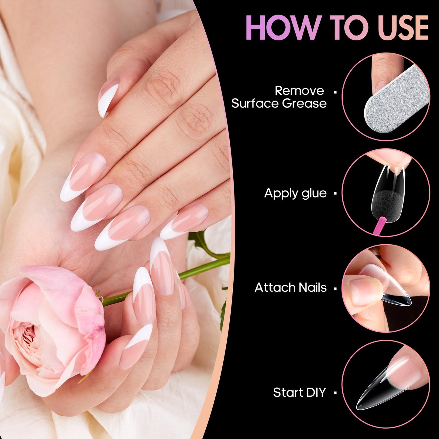 Ranrose Almond Nail Tips 240pcs Half Matte Full Cover False Nail Soft Gel Acrylic Nails Extension Tips 12 Sizes Press on Nails H