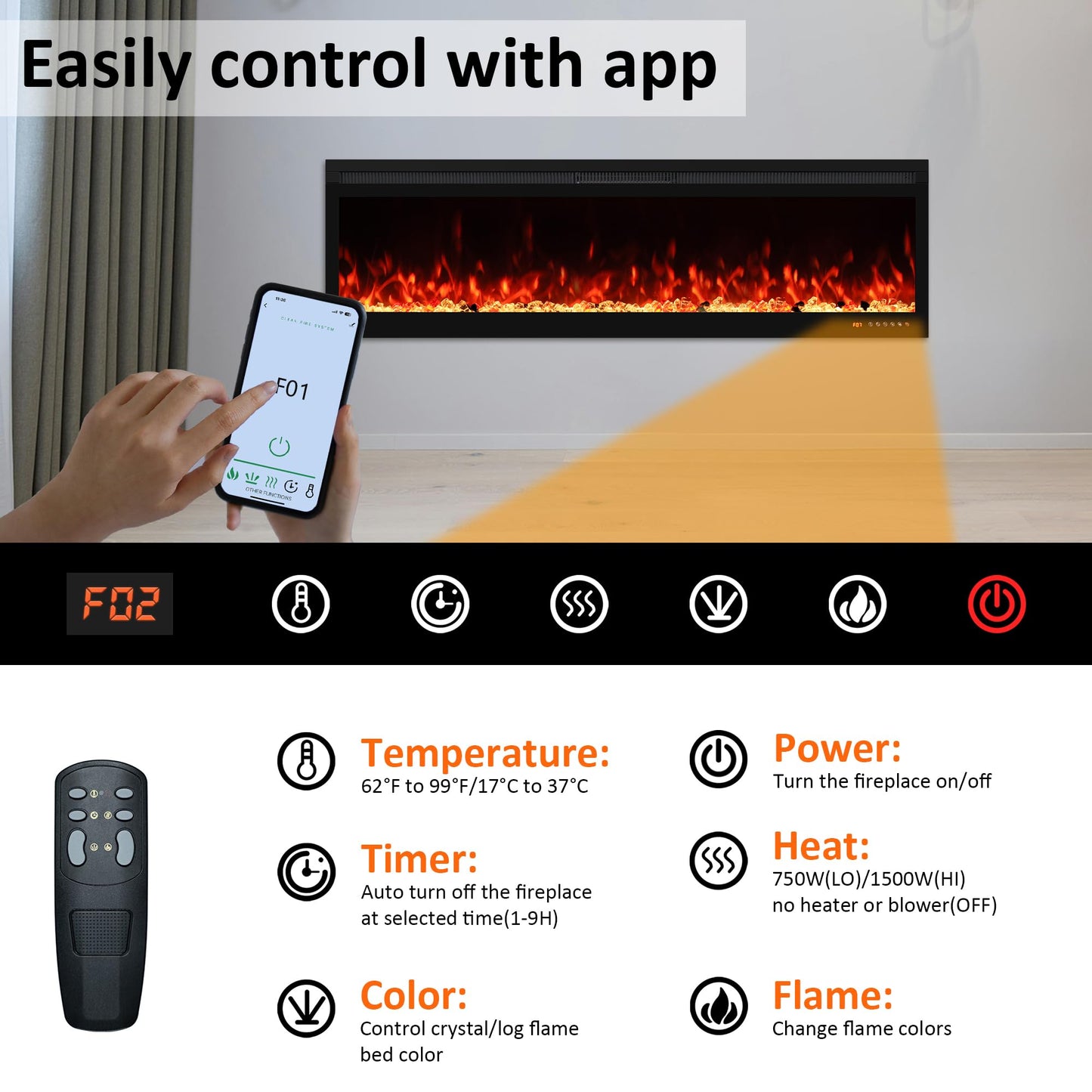 Oxhark Flame Linear Smart WiFi Electric Fireplace 72 Inch, APP & Touch Screen & Remote Control, 169 Realistic Flame Color Combinations, Timer & Thermostat Fireplace Heater,1500W