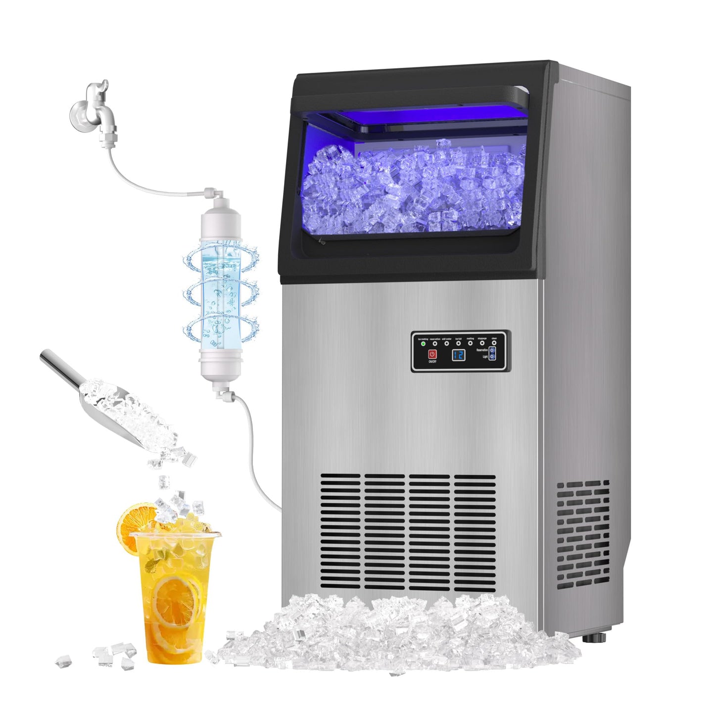Commercial Nugget Ice Maker 80Lbs/24H with 20Lbs Storage, Stainless Steel Pellet Ice Machine,Soft Chewable Ice Maker Self-Cleaning for Office & Home Restaurants Bars