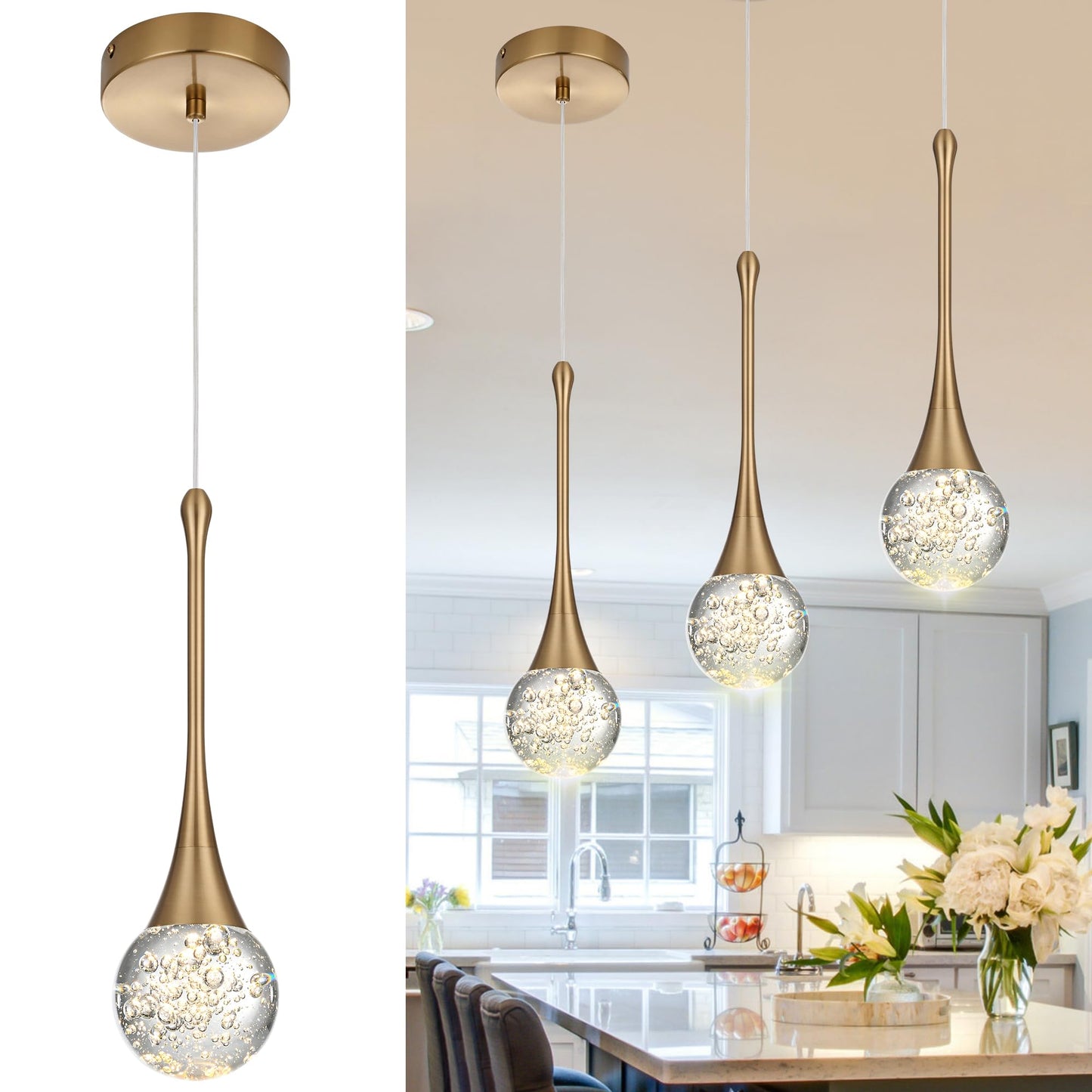 VINLUZ 3-Light Modern Crystal Chandelier, LED Bubble Raindrop Dimmable Pendant Lighting Fixture, Gold Luxury Elegant Adjustable Spiral Ceiling Light for Entryway Staircase Living Room