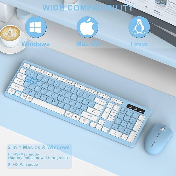 Wireless Keyboard and Mouse Combo, Full-Sized Wireless Keyboard and Adjustable DPI Mouse, 2.4GHz USB Receiver, Keyboard and Mouse for PC, Windows, Desktop, Laptop (Sky Blue-A)