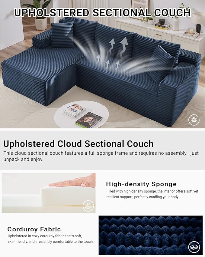 105 Inch Cloud Sectional Couch,Modern Modular Sectional Sofa with Deep Seat,Corduroy Boneless Couches with L-Shape Chaise for Living Room Bedroom,No Assembly Required (Blue, Left Facing Chaise)