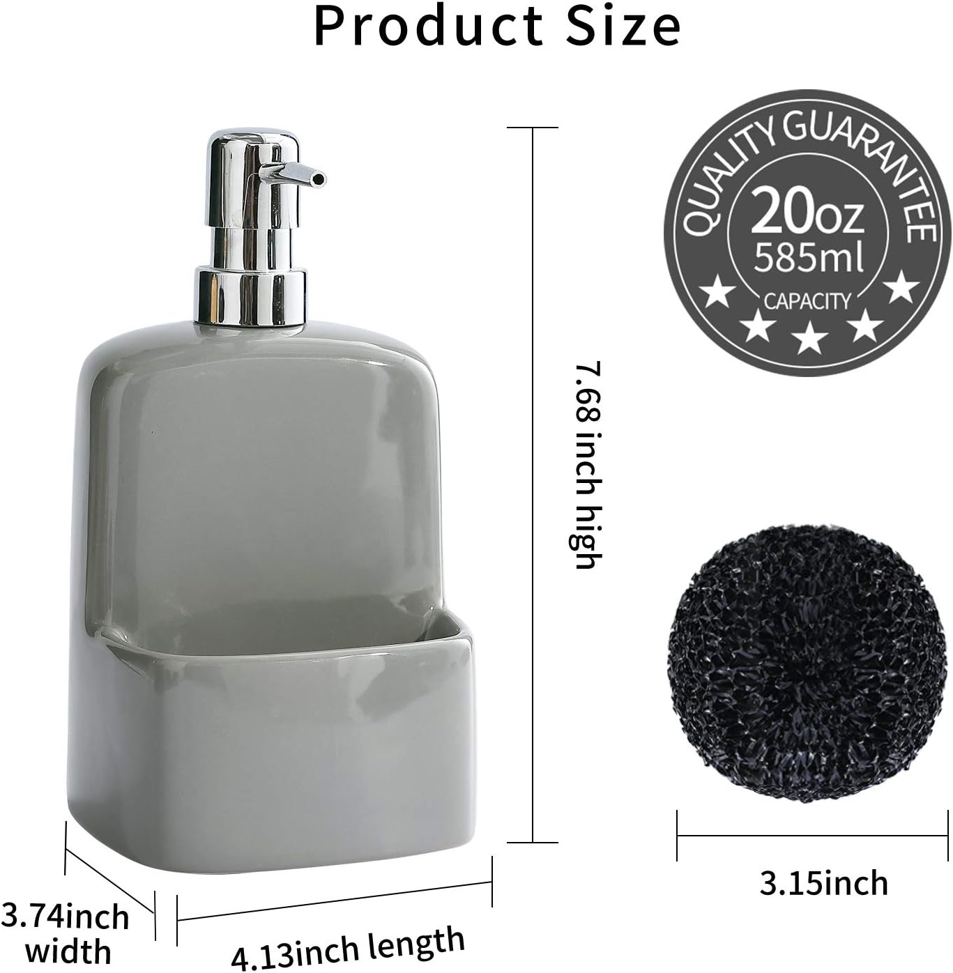 Dish Soap Dispenser - Kitchen Soap Dispenser with Sponge Holder Matte Ceramic Soap Daddy Dispenser 20oz for Kitchen (Grey)