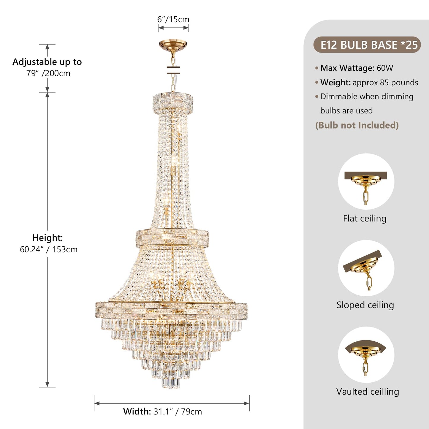 SHAOCHIAO 25-Light Gold Crystal Chandelier, 3-Layer High Ceiling Hanging Chandeliers Modern Large Chandeliers Light Fixture for High Ceilings,Entryway,Foyer,Staircase,Hallway,Living Room(H60 x D31)